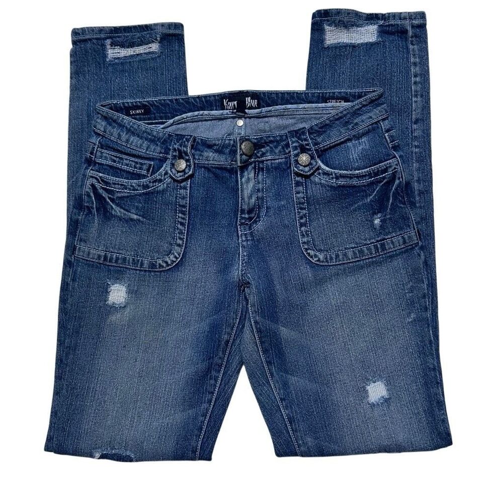 Karma Blue Skinny Denim Jeans Women's Sz 9 Blue Ultra Stretch Destroyed Mid-rise